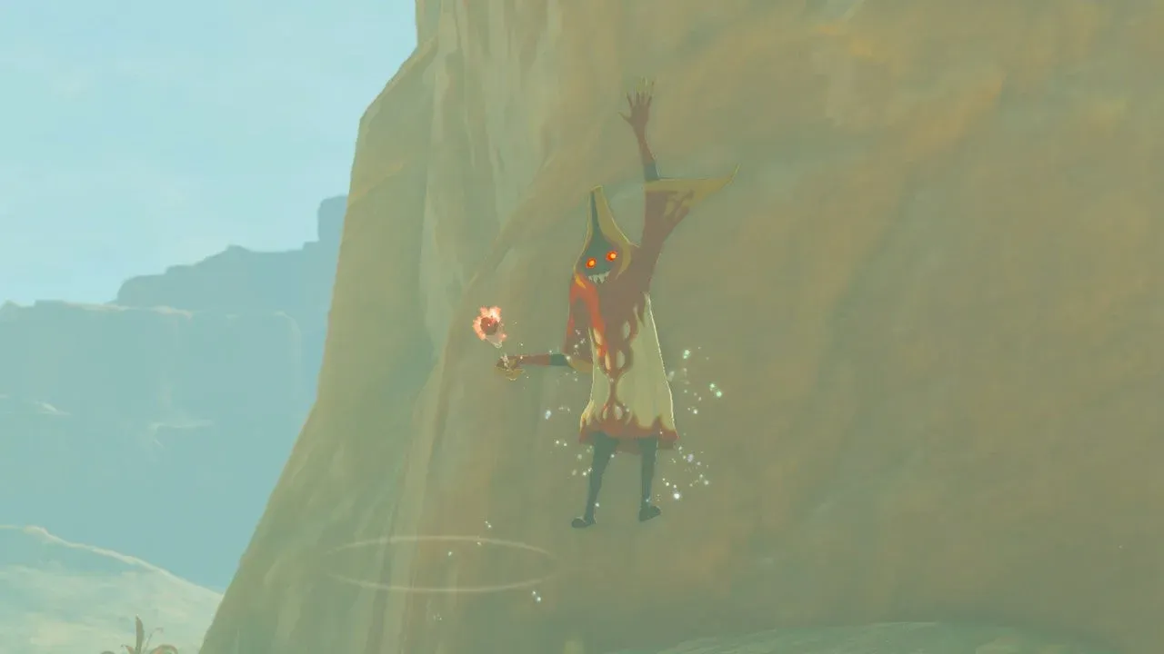 A Meteo Wizzrobe in a red and cream robe floating against a sandstone cliff, a flaming staff in one hand