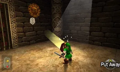 Link reflecting a beam of light with the Mirror Shield toward a sun switch, 3DS version