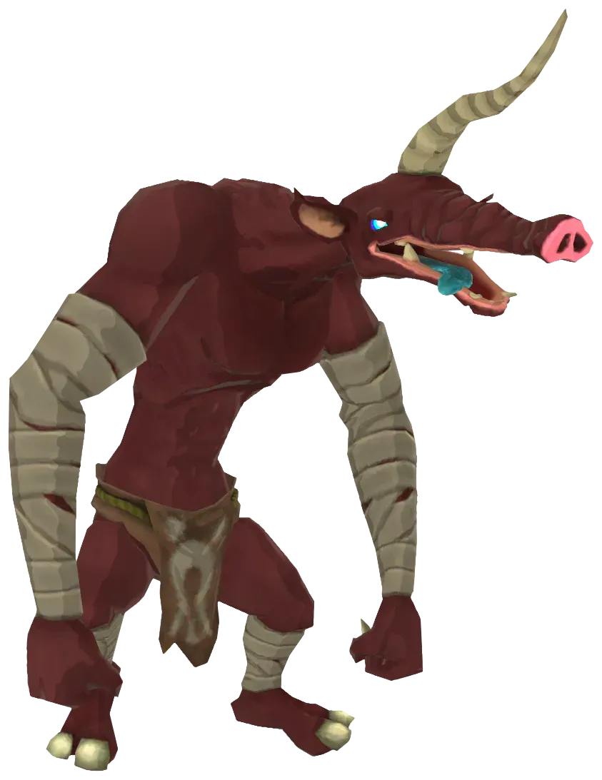 Model of a red Moblin: a hunched red monster with bandaged arms, a long snout and one long curved horn