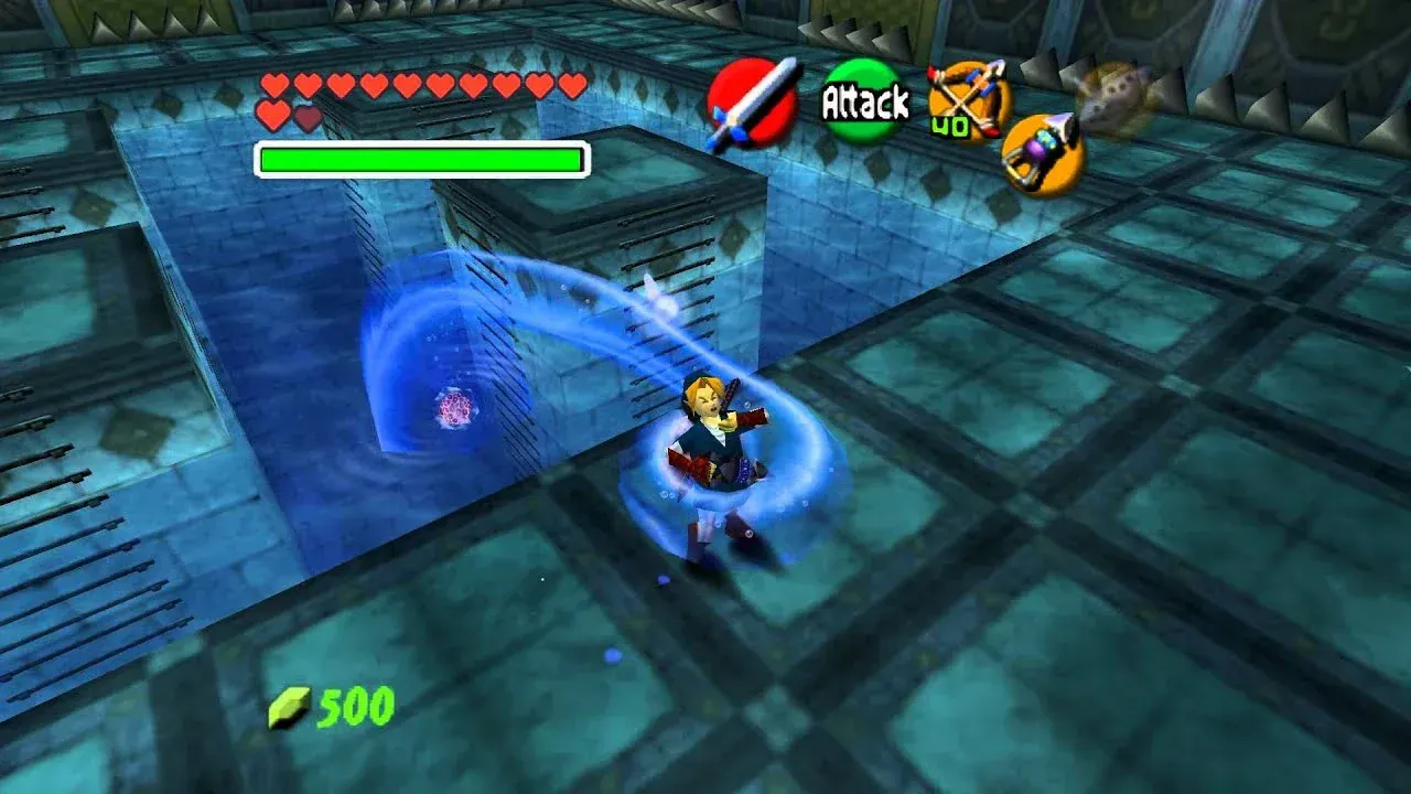 Adult Link in the Zora Tunic caught in a tentacle of water in Morpha's spiked boss room in the Water Temple