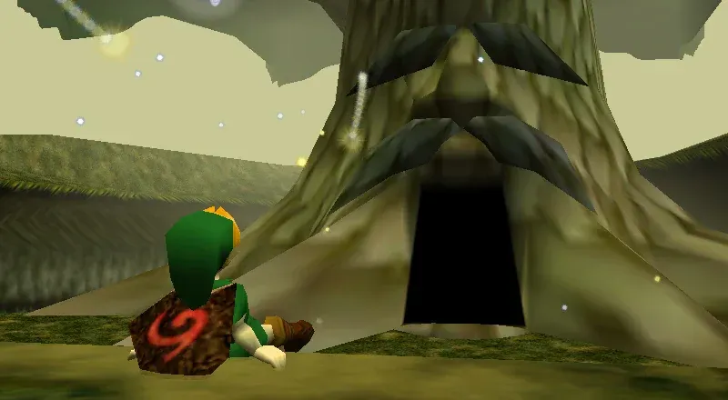 N64 version: young Link sitting in front of the Great Deku Tree, with specks of light in the air