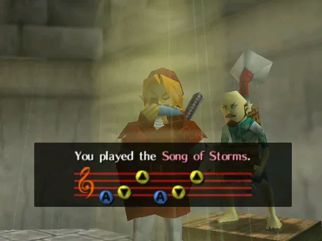 Adult Link plays the ocarina in the Kakariko windmill beside the music box man, with the notes A, C-Down, C-Up twice and the text You played the Song of Storms