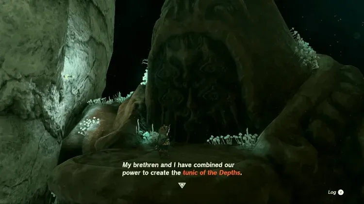 A Bargainer Statue in the Depths saying it has combined its power with its brethren to create the tunic of the Depths