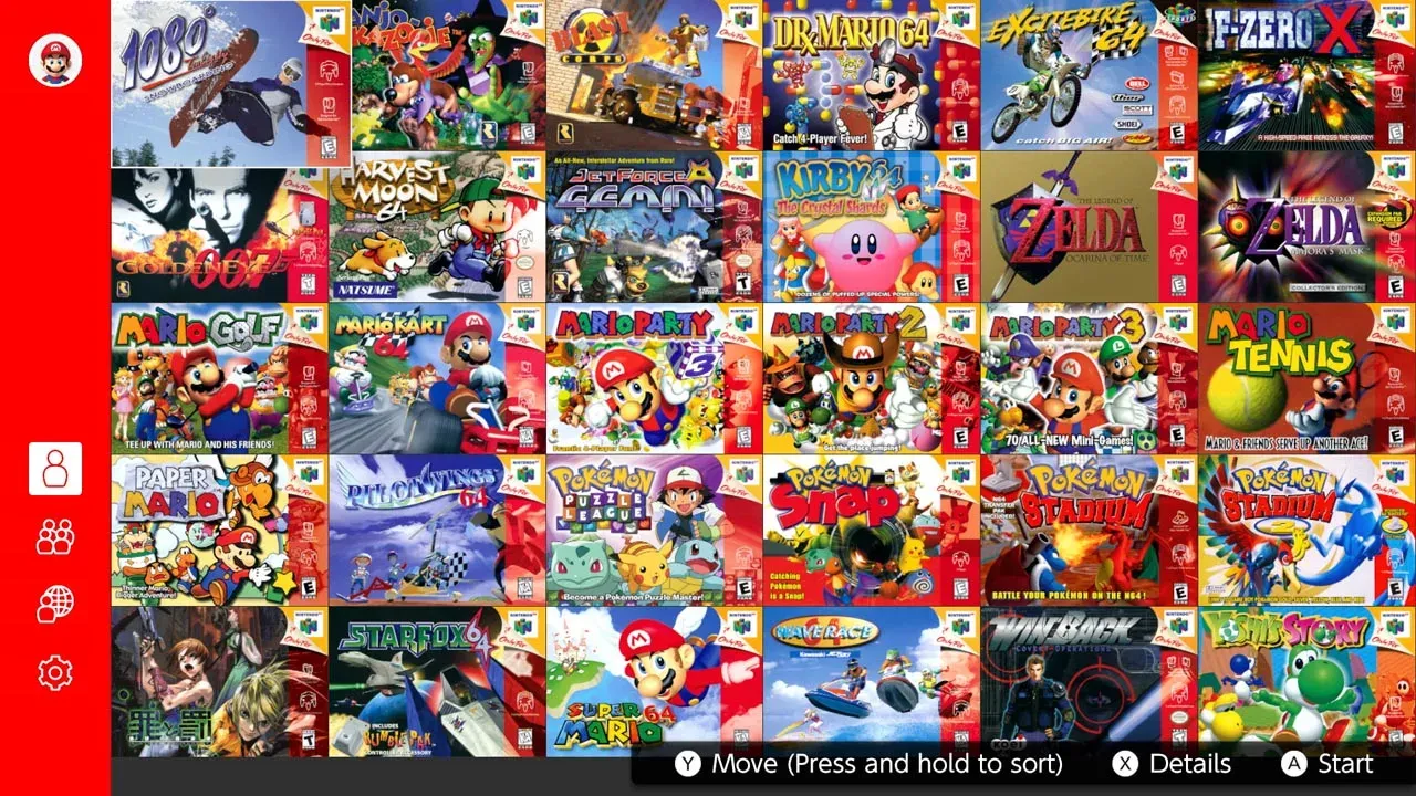 The Nintendo 64 Nintendo Switch Online app showing a grid of game covers, including Ocarina of Time