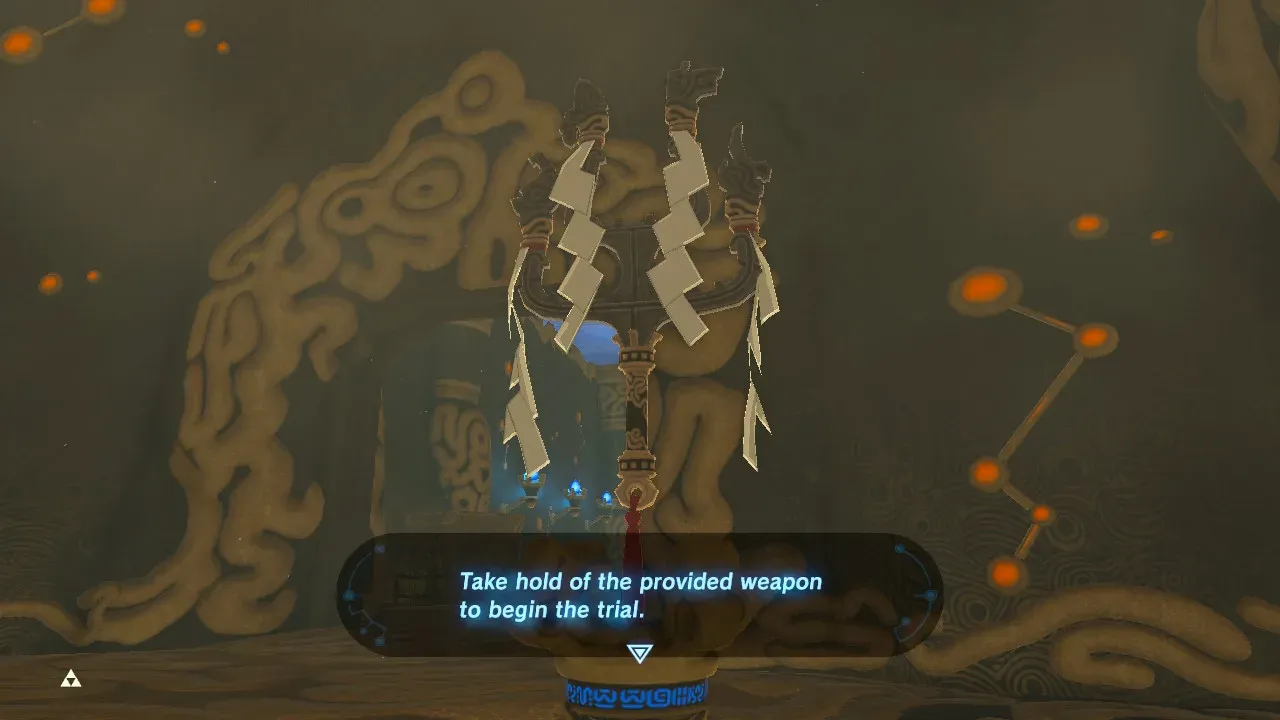 The One-Hit Obliterator standing on its pedestal inside the Shrine of Resurrection