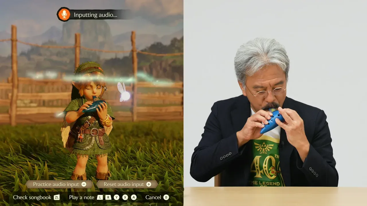 Split screen of Link playing the ocarina with an audio input indicator, next to Eiji Aonuma playing a real ocarina