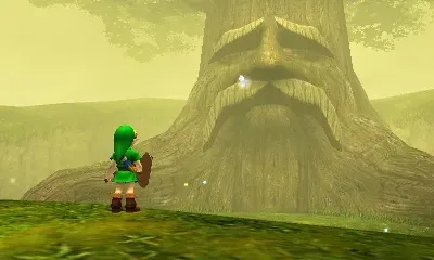 Link standing before the Great Deku Tree in the 3DS version