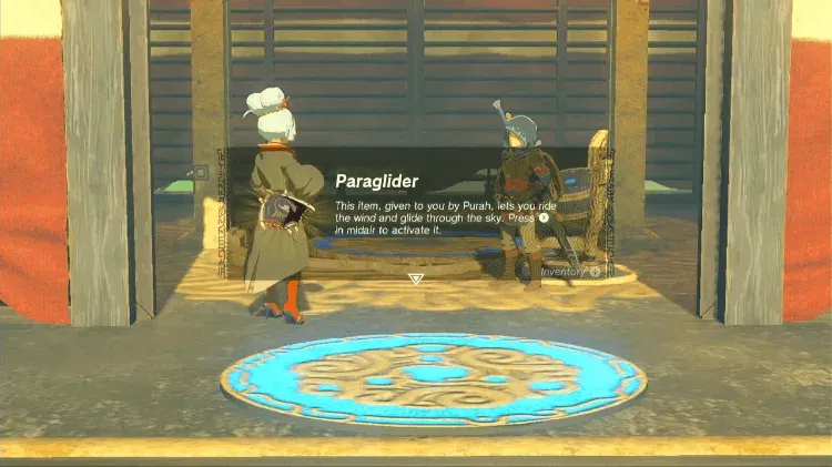 Link receiving the Paraglider from Purah at Lookout Landing