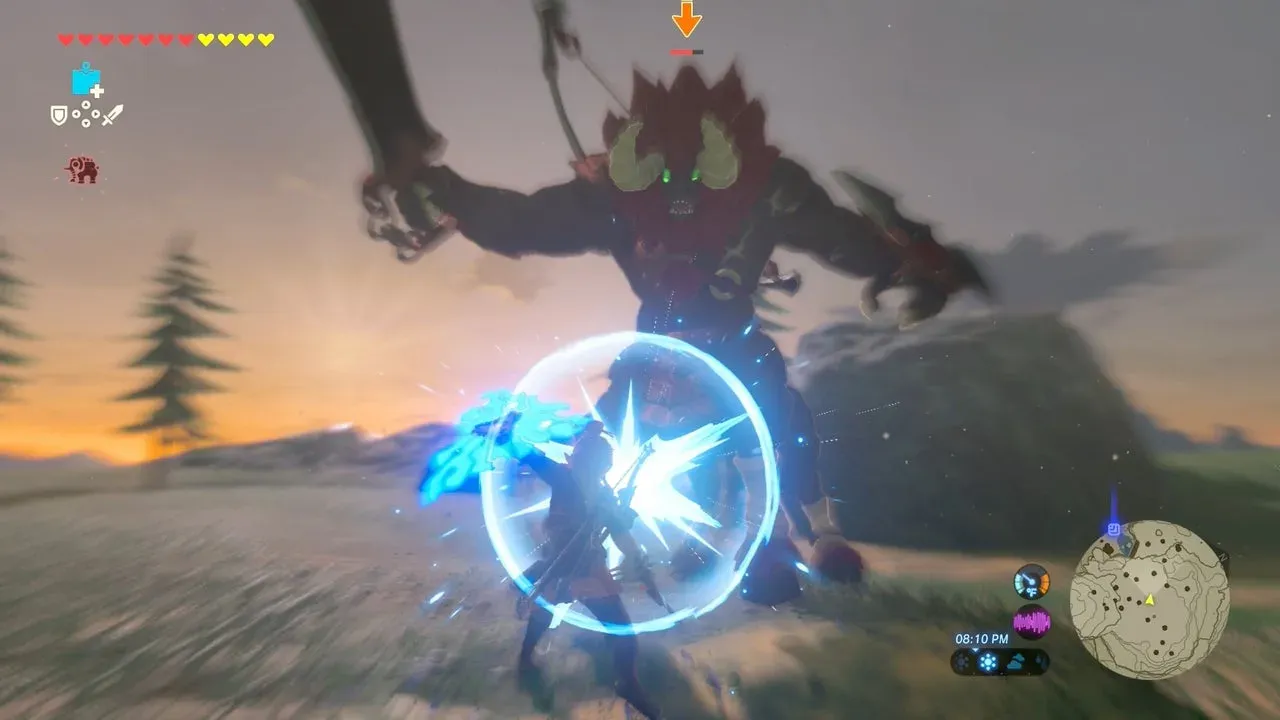 Link blocking a Lynel's attack with his shield, a bright guard flash between them