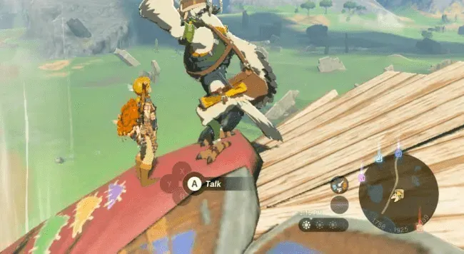 Link meeting Penn on the horse-shaped roof of Dueling Peaks Stable