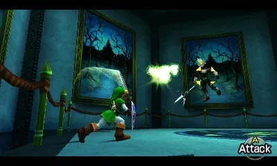 Link knocking an energy ball back at Phantom Ganon, 3DS version