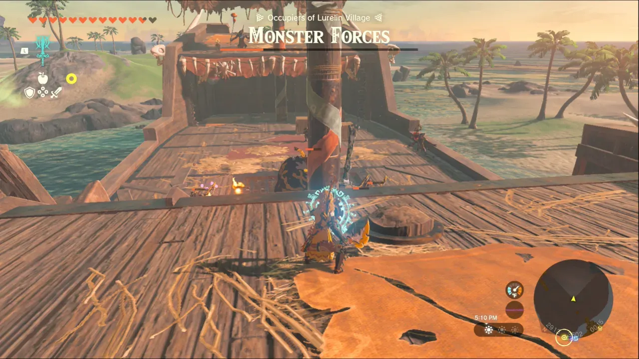 Link fighting on Lurelin Village's pirate ship with the Monster Forces bar still visible