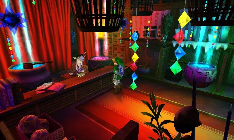 Adult Link standing at the counter of the old woman's potion shop, with coloured lanterns hanging from the ceiling