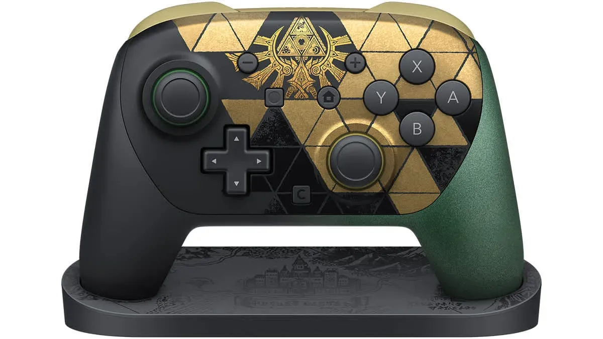Zelda 40th Anniversary Switch 2 Pro Controller with a Triforce pattern, standing on a display stand engraved with a map