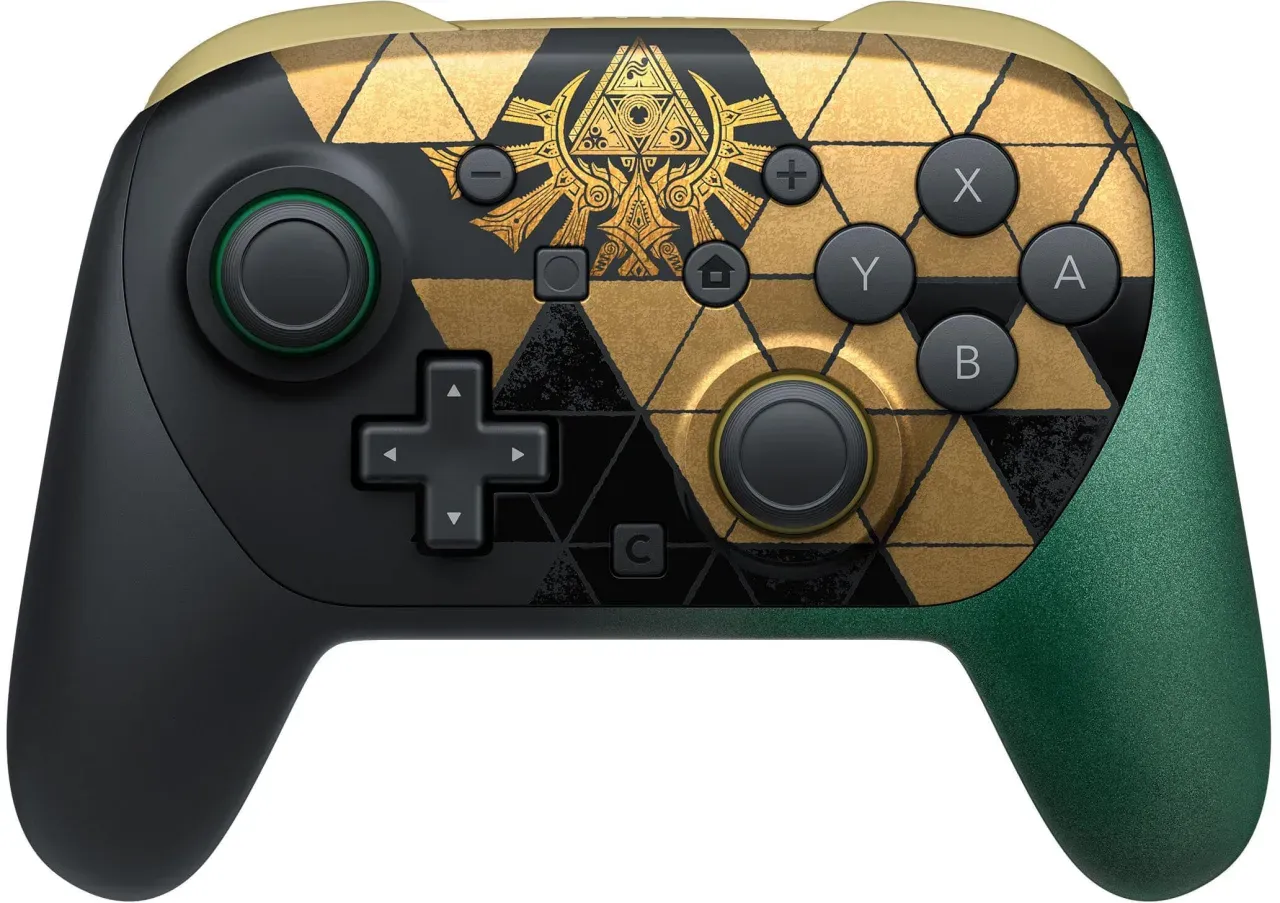 Front view of the Zelda 40th Anniversary Switch 2 Pro Controller with gold decoration