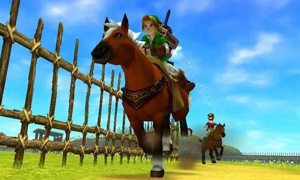 Adult Link galloping on Epona along the corral fence at Lon Lon Ranch with Ingo on another horse close behind