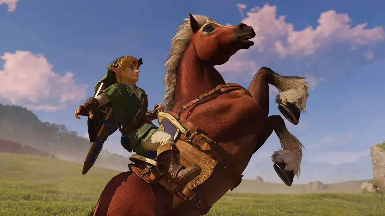 Adult Link on a rearing chestnut horse in a wide grassy field under a blue sky in the Switch 2 remake