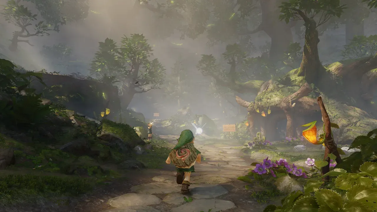 Young Link running along a path through Kokiri Forest in the Switch 2 remake