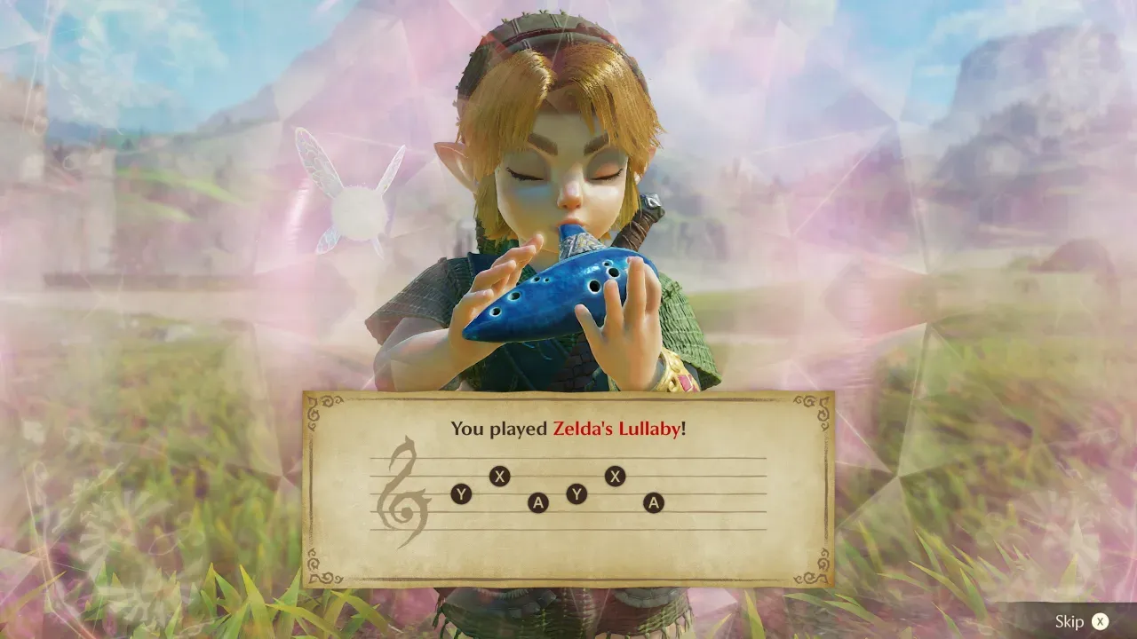 Young Link playing the ocarina in the Switch 2 remake, with the song notes on a parchment staff