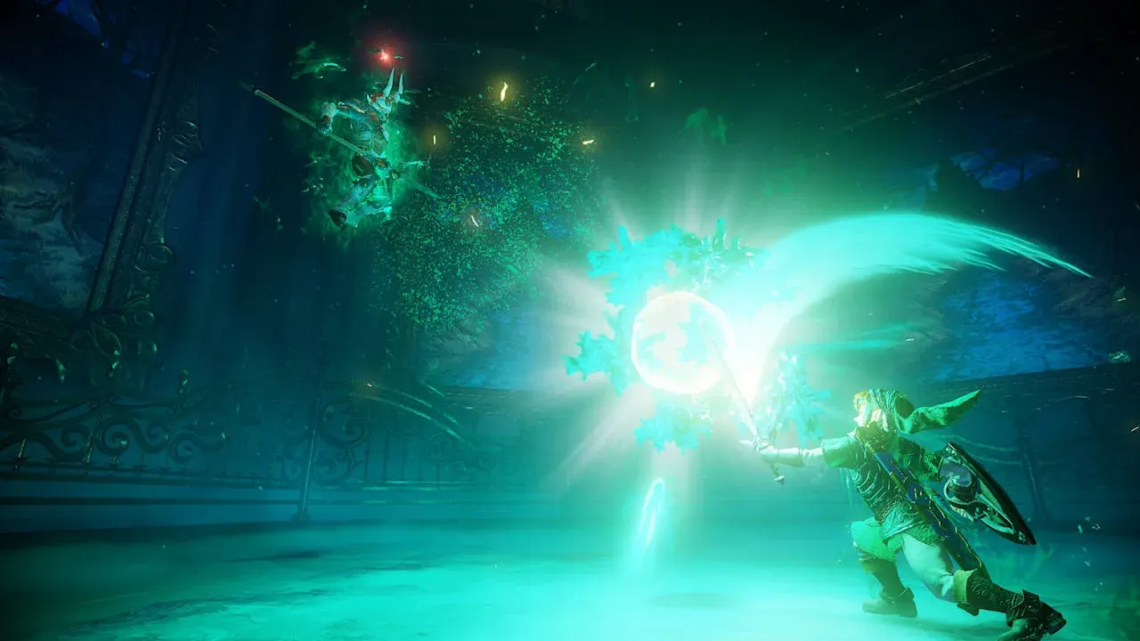 Adult Link swinging his sword at a glowing ball of energy while a mounted enemy floats above him in a dark hall in the Switch 2 remake
