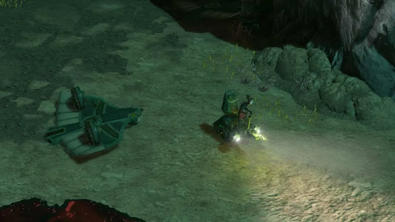 A Yiga Footsoldier riding a small Zonai vehicle with a glowing headlight across the dark ground of the Depths