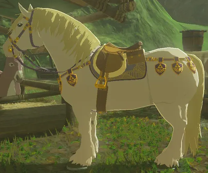 A white horse wearing a gold-trimmed saddle and bridle