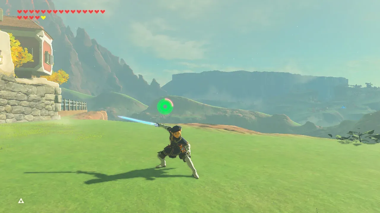 草の斜面で近衛兵シリーズを装備し、がんばりゲージを消費しながらタメ攻撃を行うリンク