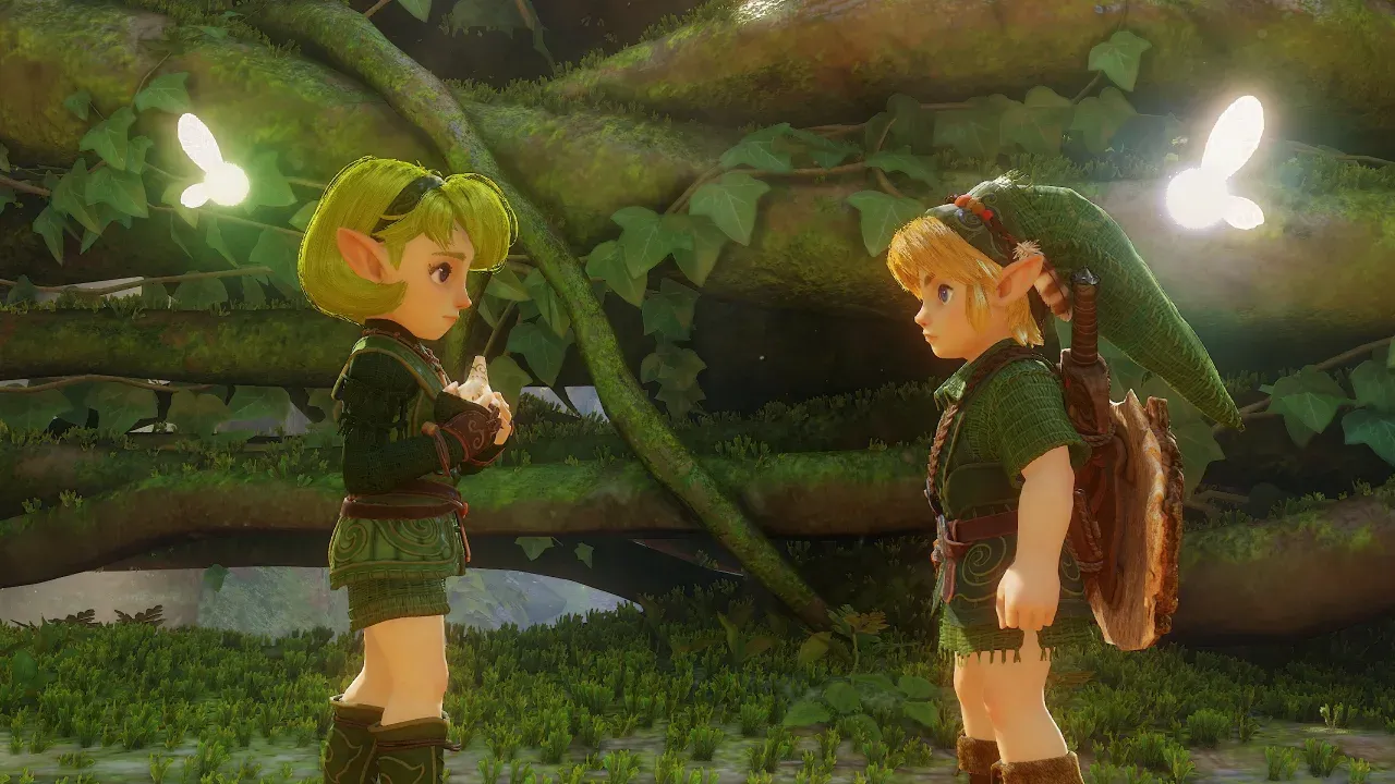 Saria and young Link facing each other in the forest, with their fairies nearby