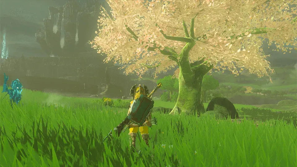 A glowing blue-white Satori appearing to Link's left beside the Hyrule Field cherry-blossom tree
