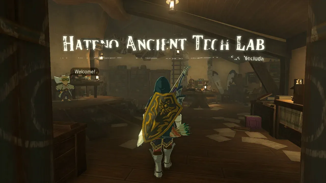 Link walking into Hateno Ancient Tech Lab, with Robbie waiting inside
