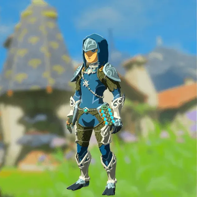 Link wearing the Zora Helm, Zora Armor and Zora Greaves