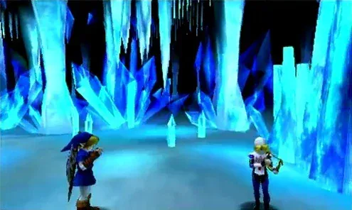 Sheik facing Link among the ice crystals in the 3DS version