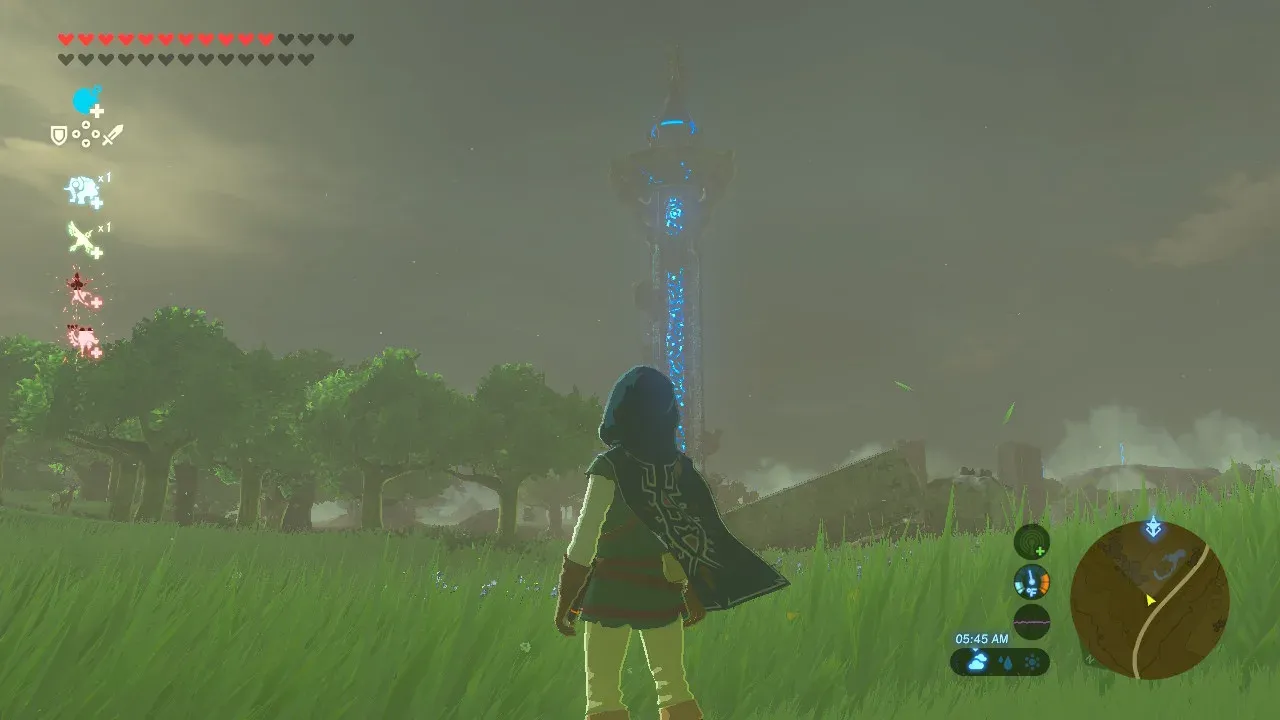 Link looking at a glowing blue Sheikah Tower in the distance