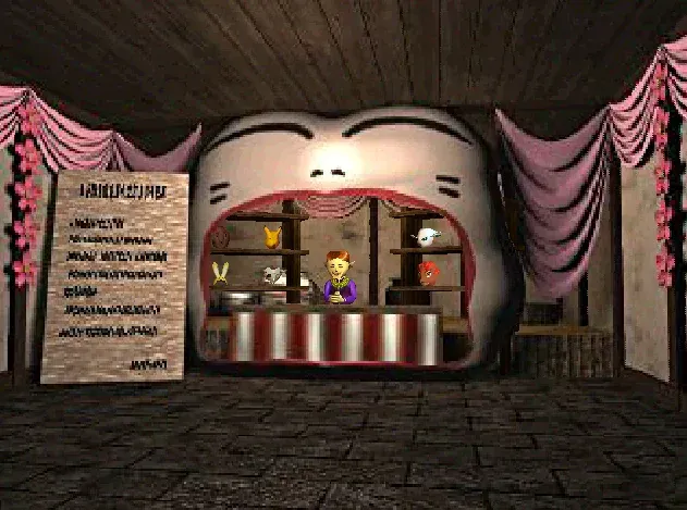 The inside of the Happy Mask Shop, with the shopkeeper behind a striped counter set in a giant smiling face and masks on the shelves