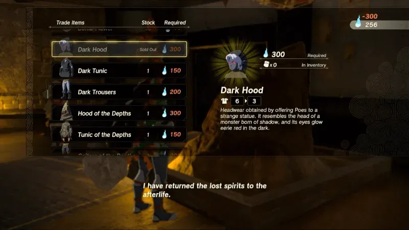 A Bargainer Statue's trade list with the Dark Hood, Dark Tunic and Dark Trousers