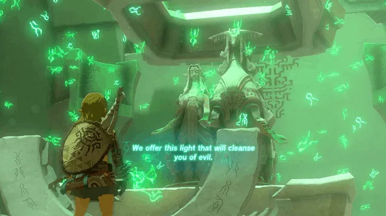 Link reaching up to the statue at the end of a shrine, surrounded by green light