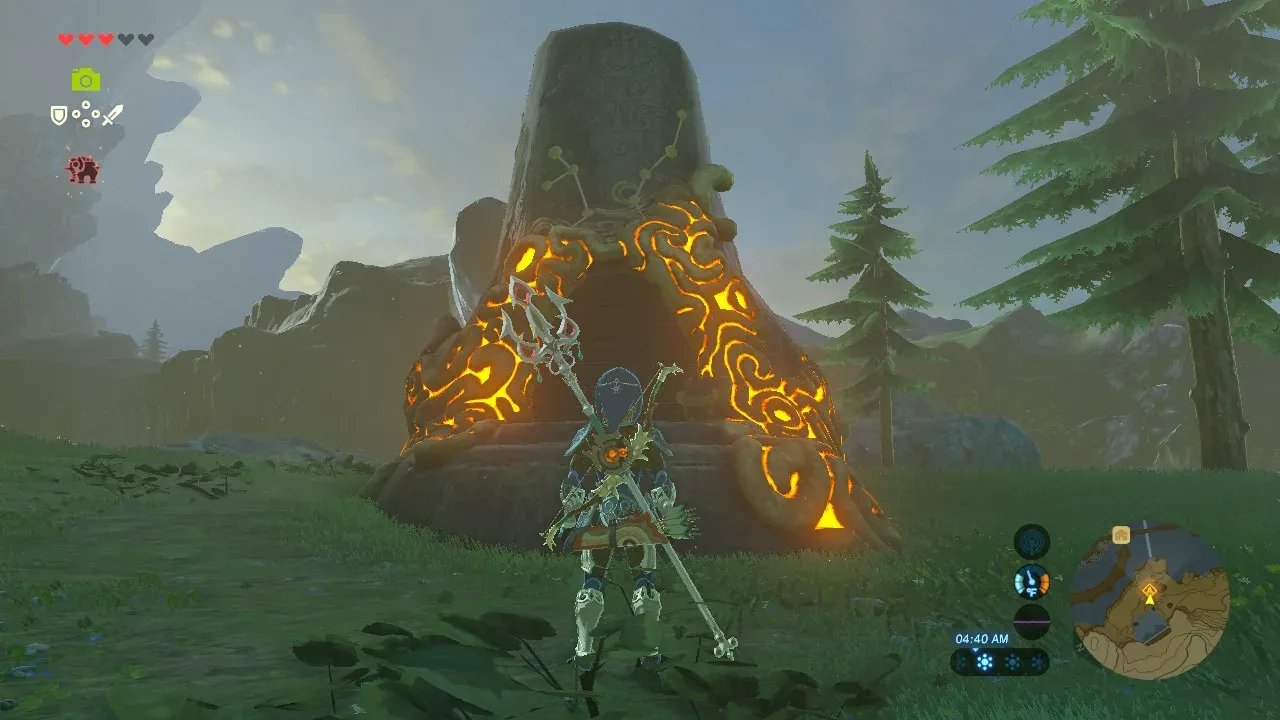 Link standing in front of a shrine glowing orange