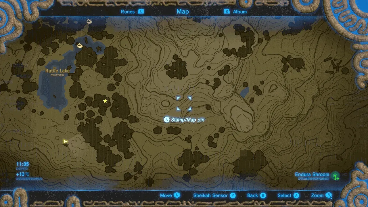 Map east of Rutile Lake with an Endura Shroom spot starred
