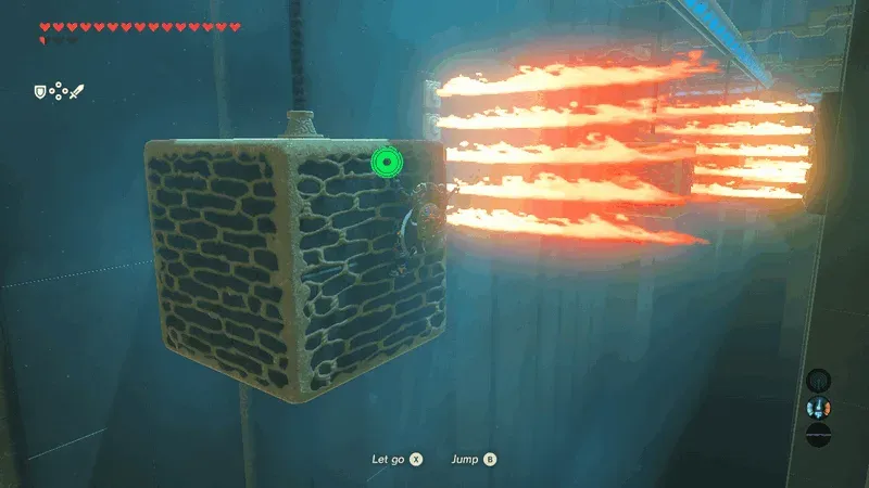 Link clinging to the side of a block beside the flame jets