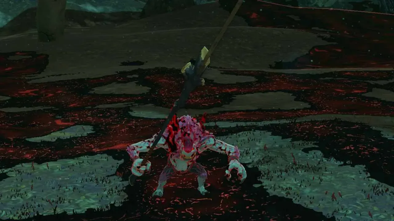 A Silver Horriblin with a white body and purple markings holding a long weapon on Gloom-covered ground in the Depths