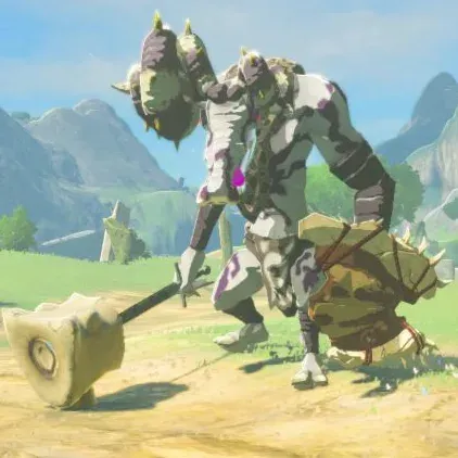A Silver Moblin with a white body, purple markings and a spiked horn holding a large stone hammer