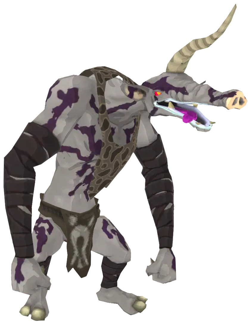Model of a Silver Moblin: white-grey skin covered in purple patterns and dark wrapped forearms