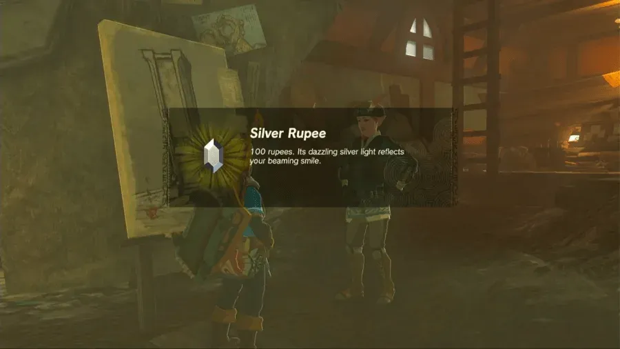 Wortsworth handing Link a Silver Rupee inside the research lab in Kakariko Village