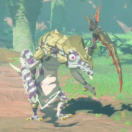 A Silver Lizalfos with a white body, purple stripes and a red sickle-shaped horn in a forest