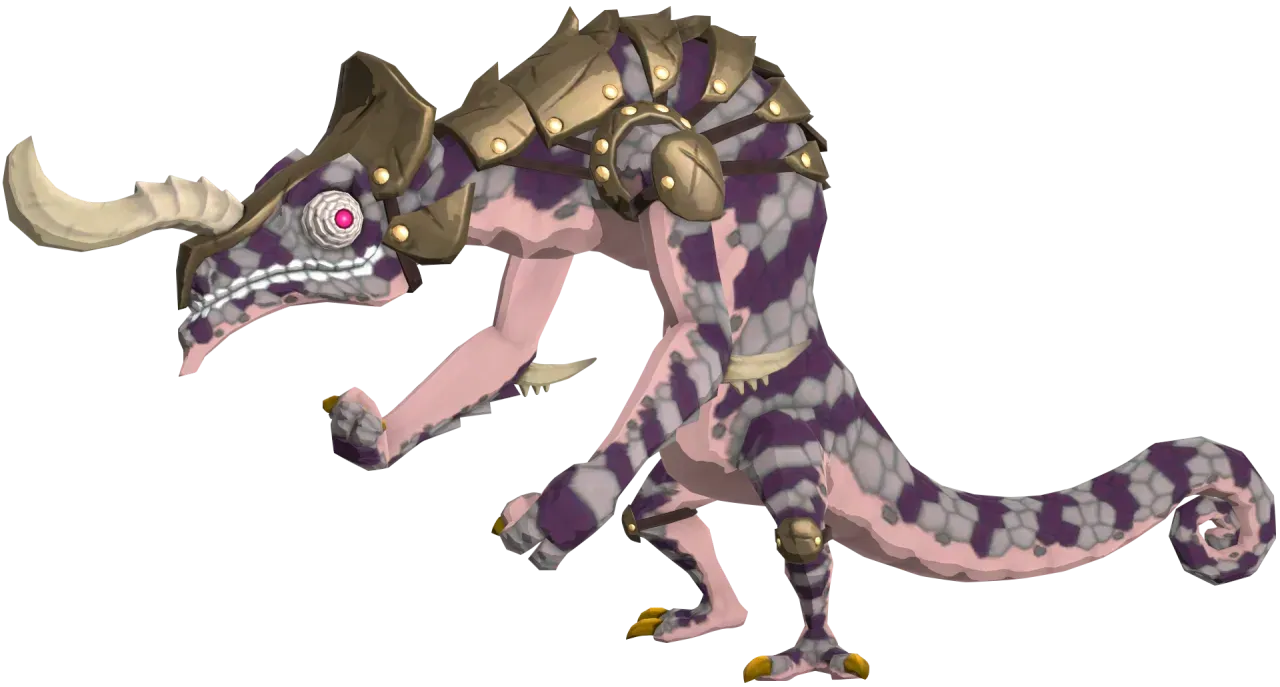 A model of a Silver Lizalfos with a pale body covered in purple and grey scale patterns