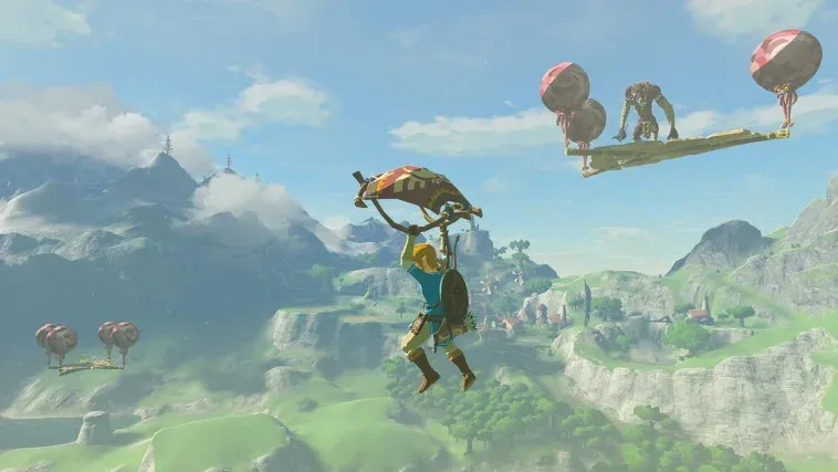 Link gliding past floating wooden platforms held up by pink Sky Octoroks, with a monster standing on one
