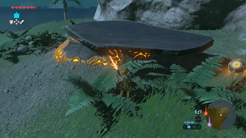 A huge stone slab covers a glowing altar, with Link standing in the grass beside it