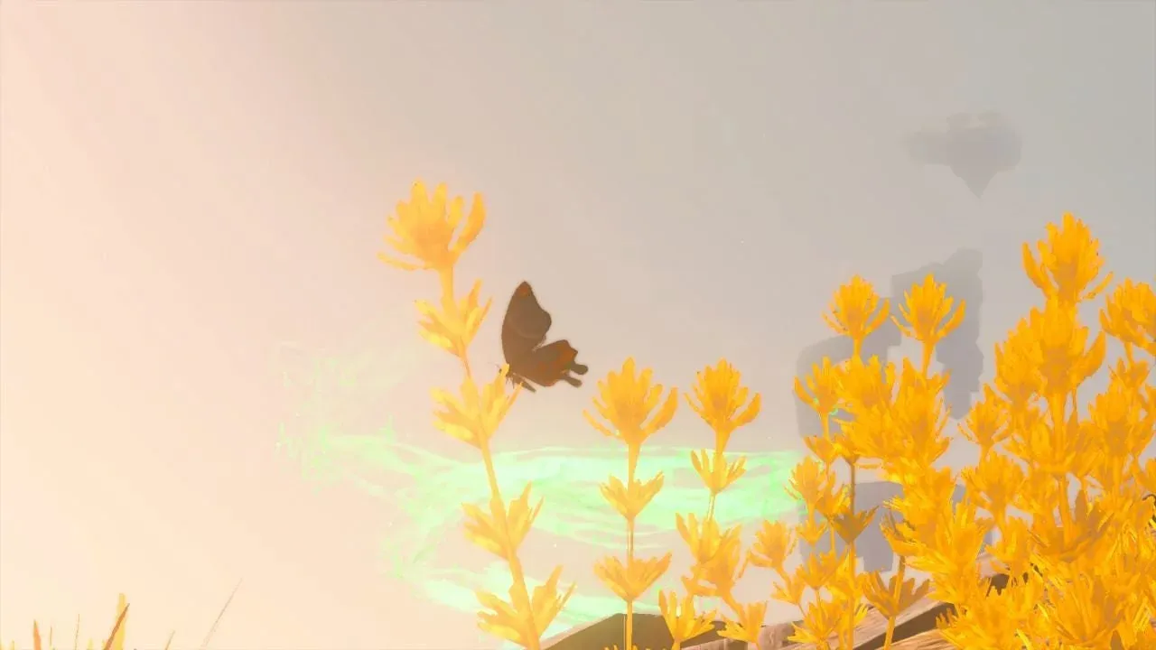 黄色い植物の間を飛ぶヒケシアゲハ