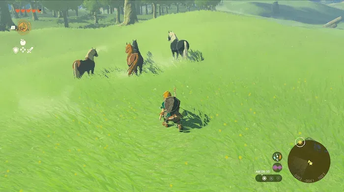 Link crouching in the grass behind a herd of wild horses