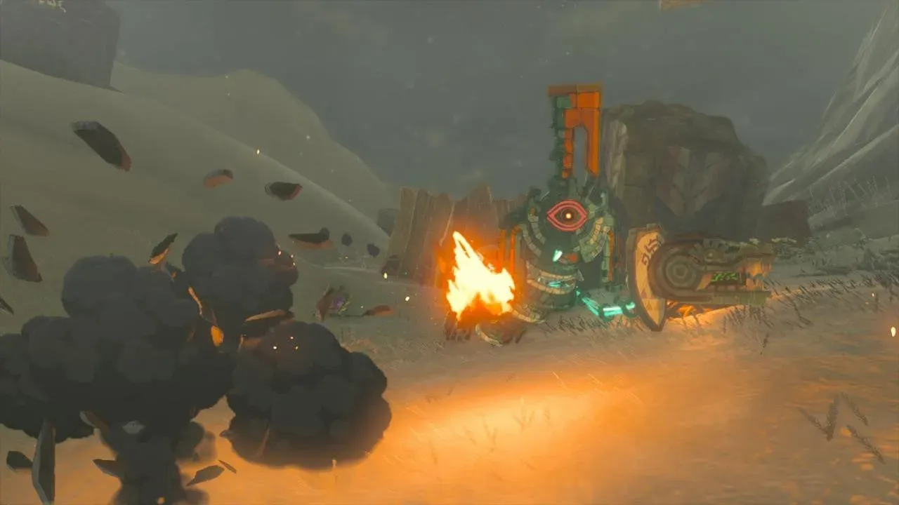 A Soldier Construct II with a hooked head ornament holding a shield fused to a Flame Emitter, breathing fire across the snow